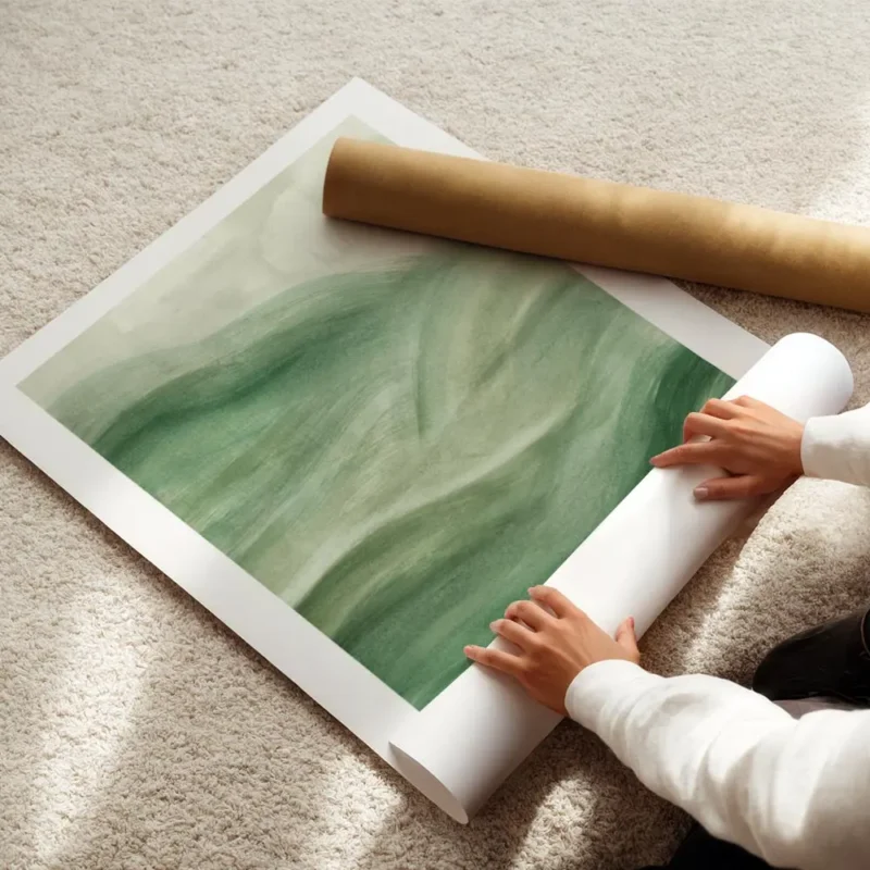 affiche abstraite vert foret avec des coups de pinceau creant des vagues enroule.webp
