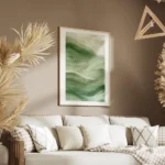 affiche abstraite vert foret avec des coups de pinceau creant des vagues salon.webp