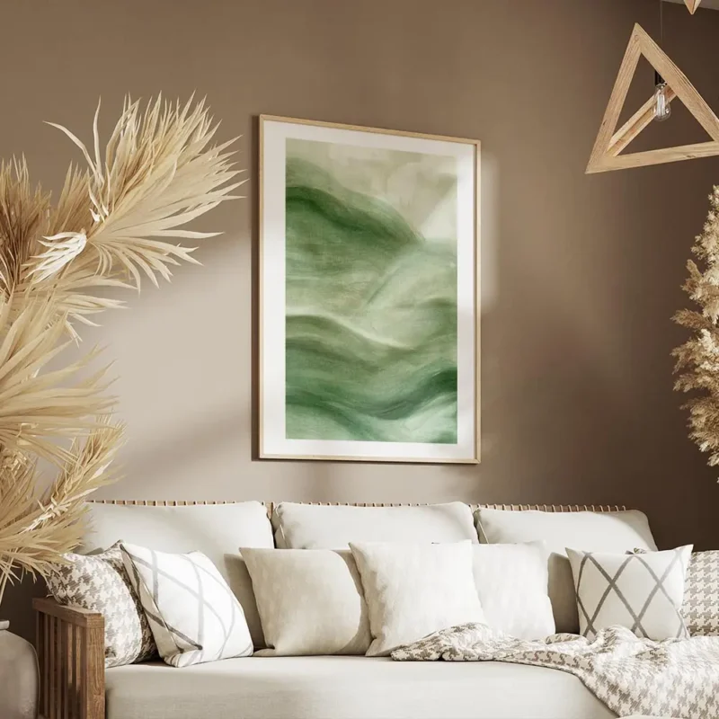 affiche abstraite vert foret avec des coups de pinceau creant des vagues salon.webp