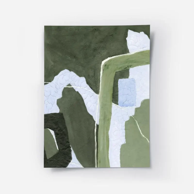 affiche abstraite vert foret et pistache avec des formes organiques et des ligne.webp