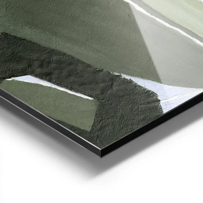 affiche abstraite vert foret et pistache avec des formes organiques et des ligne aluminium.webp