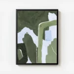 affiche abstraite vert foret et pistache avec des formes organiques et des ligne avec cadre.webp