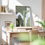 affiche abstraite vert foret et pistache avec des formes organiques et des ligne bureau.webp