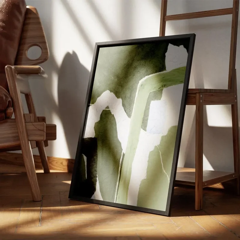 affiche abstraite vert foret et pistache avec des formes organiques et des ligne encadre.webp