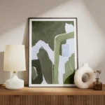 affiche abstraite vert foret et pistache avec des formes organiques et des ligne meuble.webp