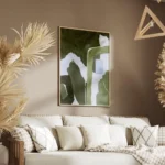 affiche abstraite vert foret et pistache avec des formes organiques et des ligne salon.webp