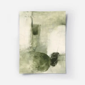 affiche abstraite vert olive et vert fonce avec des formes organiques et des lig.webp