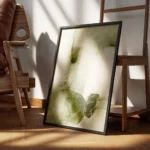 affiche abstraite vert olive et vert fonce avec des formes organiques et des lig encadre.webp