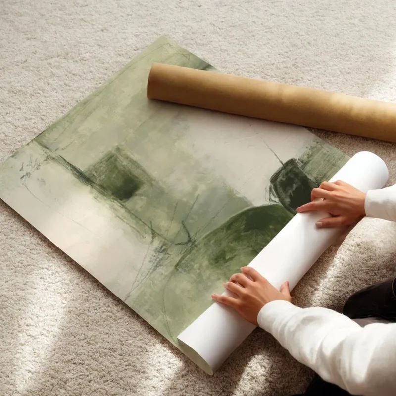 affiche abstraite vert olive et vert fonce avec des formes organiques et des lig enroule.webp