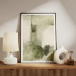 affiche abstraite vert olive et vert fonce avec des formes organiques et des lig meuble.webp
