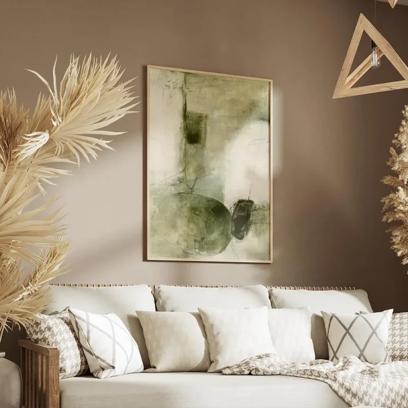 affiche abstraite vert olive et vert fonce avec des formes organiques et des lig salon.webp