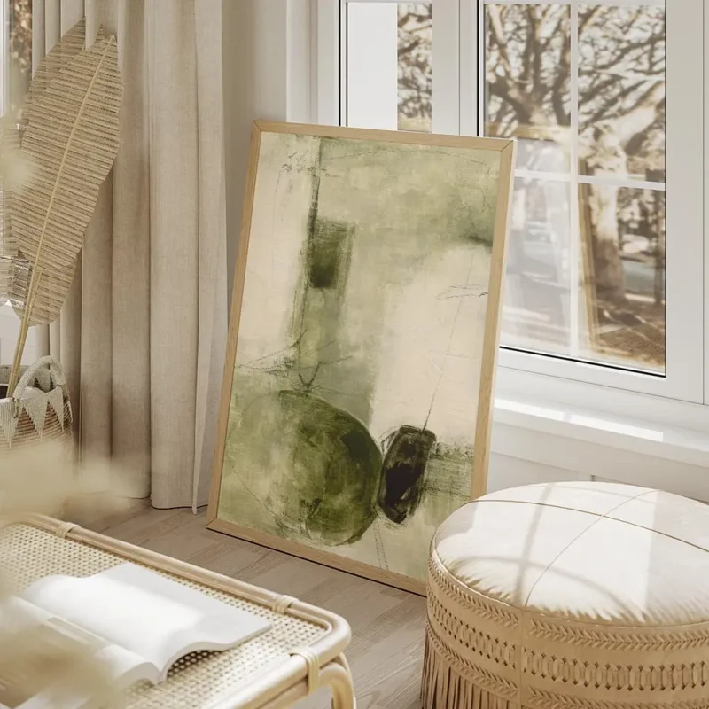 affiche abstraite vert olive et vert fonce avec des formes organiques et des lig salon beige.webp