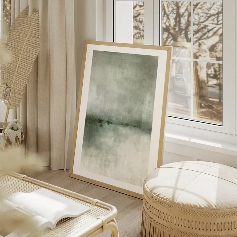 affiche abstraite verte avec des coups de pinceau horizontaux et verticaux crean salon beige.webp