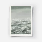 affiche abstraite waves in green mer tumultueuse aux coups de pinceau dynamiques.webp