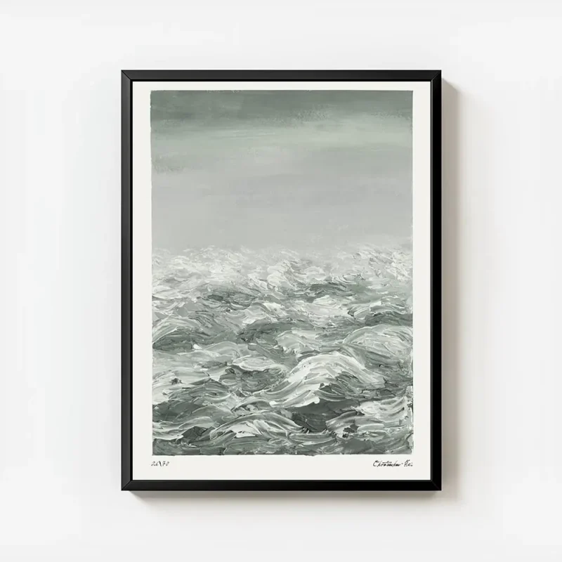affiche abstraite waves in green mer tumultueuse aux coups de pinceau dynamiques avec cadre.webp