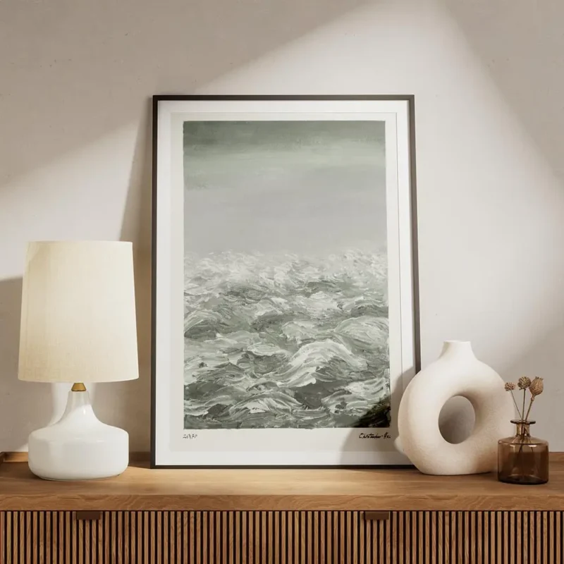 affiche abstraite waves in green mer tumultueuse aux coups de pinceau dynamiques meuble.webp