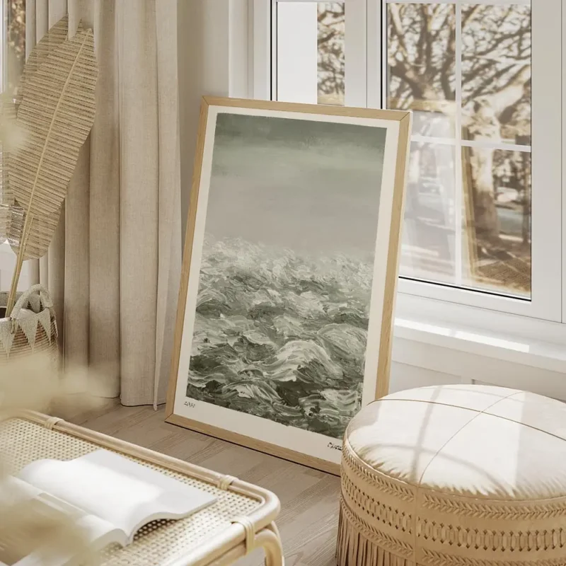 affiche abstraite waves in green mer tumultueuse aux coups de pinceau dynamiques salon beige.webp