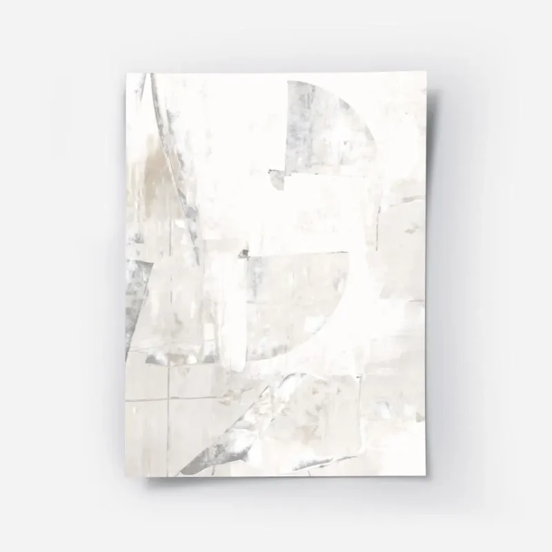 affiche acrylique abstraite en blanc et beige clair avec formes texturees et mot.webp