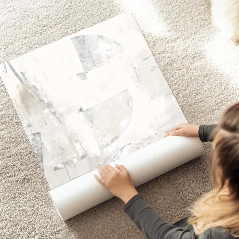 affiche acrylique abstraite en blanc et beige clair avec formes texturees et mot au sol.webp