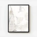 affiche acrylique abstraite en blanc et beige clair avec formes texturees et mot avec cadre.webp