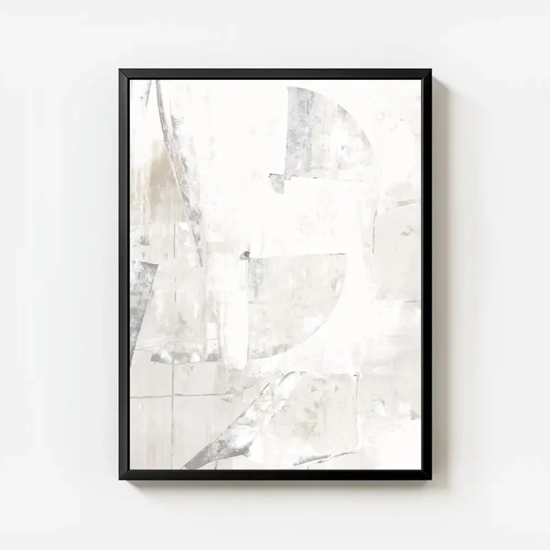 affiche acrylique abstraite en blanc et beige clair avec formes texturees et mot avec cadre.webp