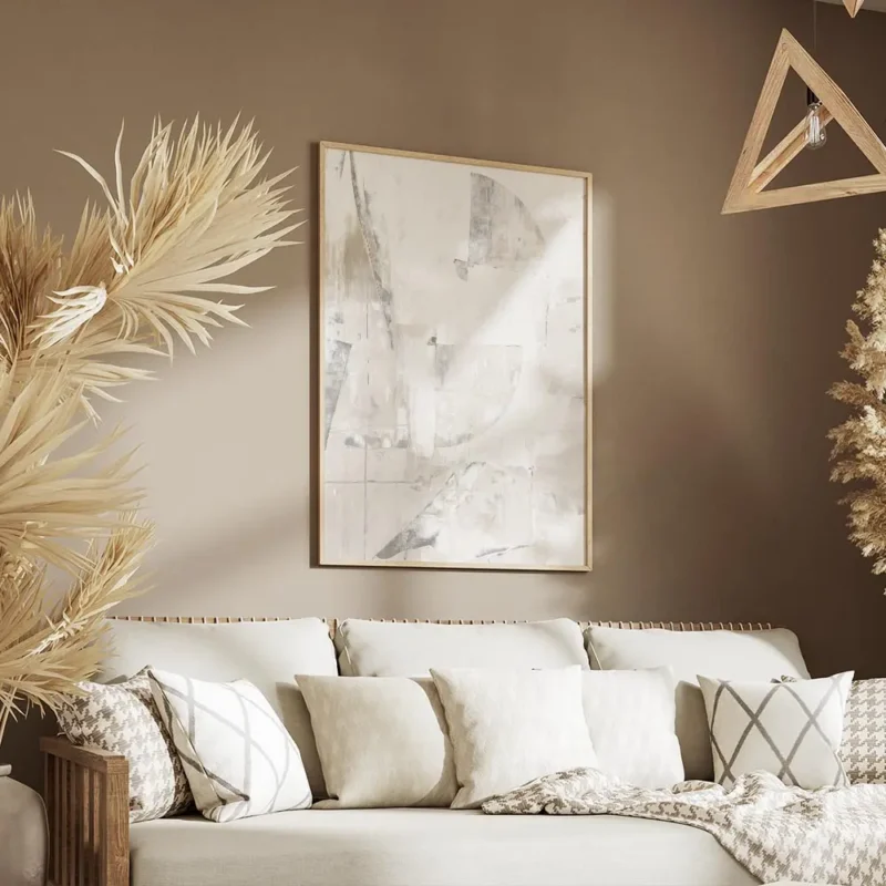 affiche acrylique abstraite en blanc et beige clair avec formes texturees et mot salon.webp