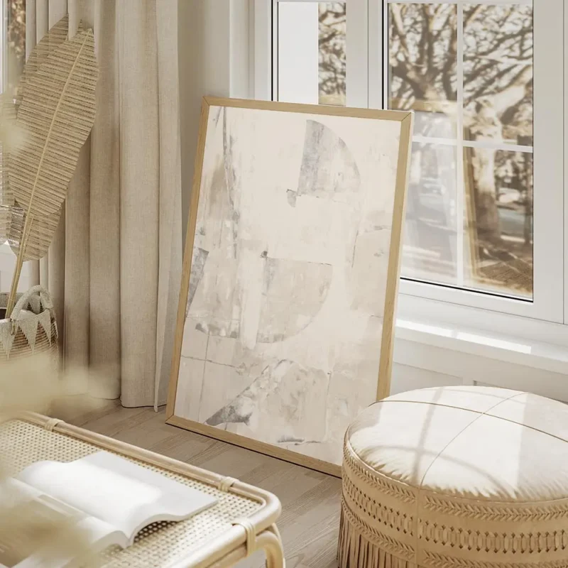 affiche acrylique abstraite en blanc et beige clair avec formes texturees et mot salon beige.webp