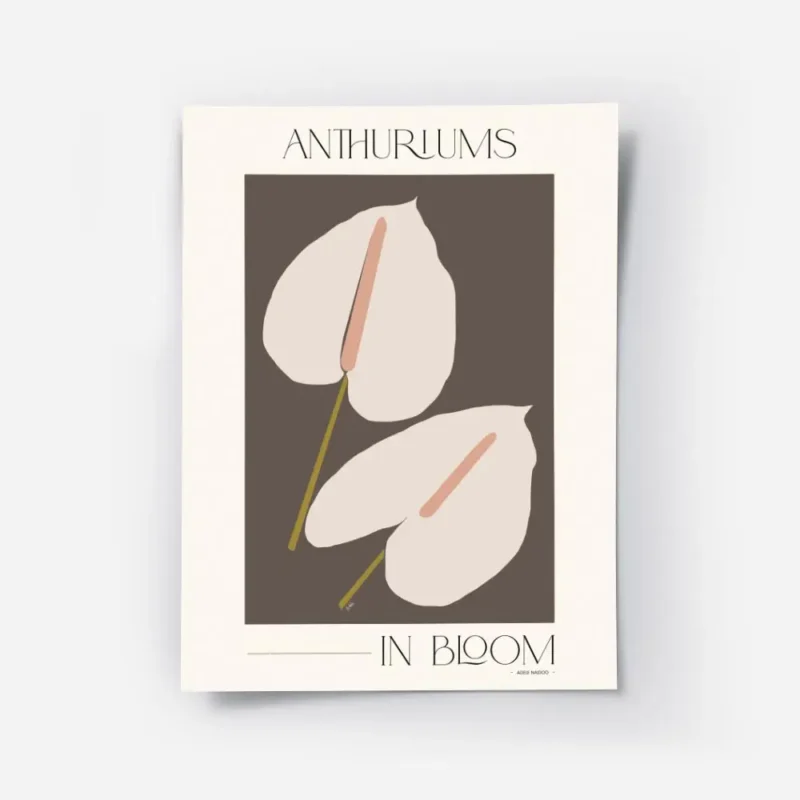 affiche adele naidoo avec deux anthuriums stylises aux spathes rose pale et spad.webp