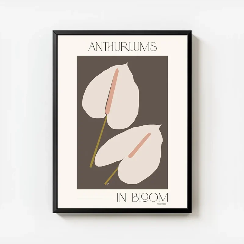 affiche adele naidoo avec deux anthuriums stylises aux spathes rose pale et spad avec cadre.webp