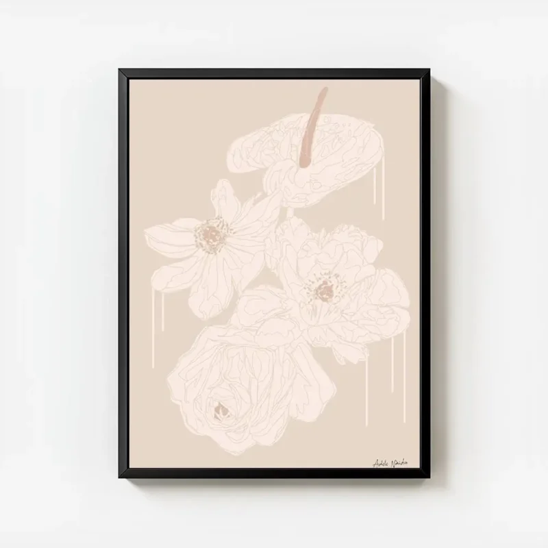 affiche adele naidoo illustration de fleur monochrome aux traits fins sur fond b avec cadre.webp