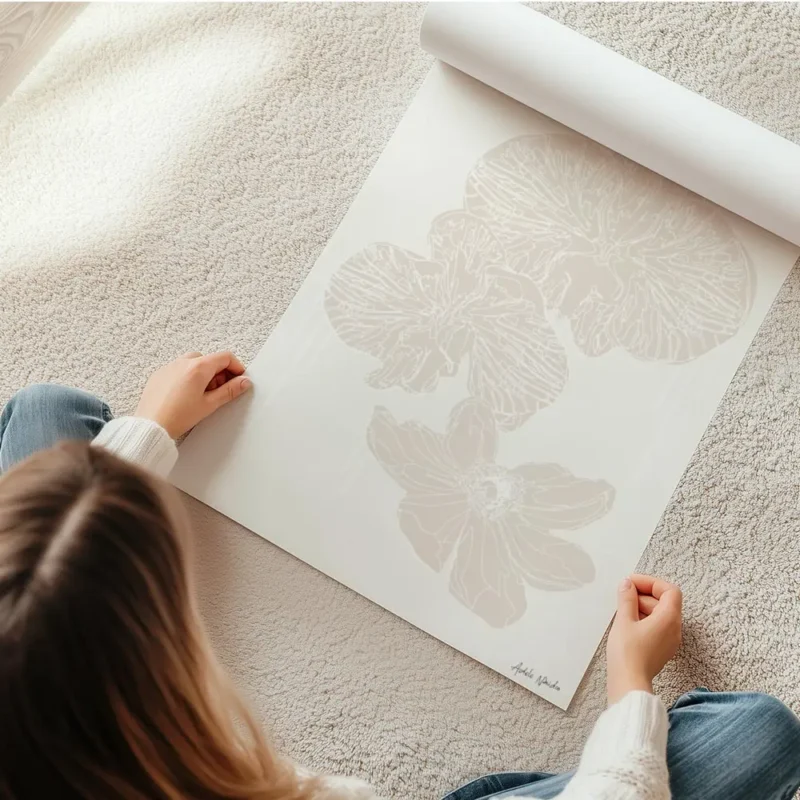 affiche adele naidoo trois fleurs blanches stylisees en art lineaire beige sur f en rouleau.webp