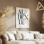 affiche al dente avec typographie noire sur fond blanc et texte sur la cuisson d salon.webp