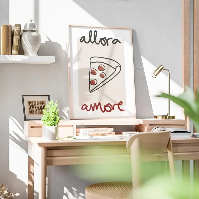 affiche allora amore une illustration de part de pizza avec du texte noir et rou bureau.webp