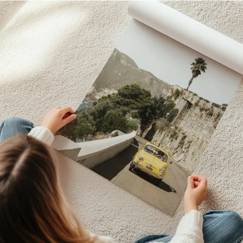 affiche amalfi drive avec voiture fiat jaune retro cote mediterraneenne et typog en rouleau.webp