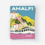 affiche amalfi maisons blanches et roses sur des collines vertes mer rose et cie.webp
