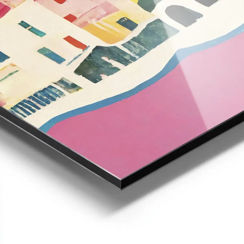 affiche amalfi maisons blanches et roses sur des collines vertes mer rose et cie aluminium.webp