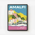 affiche amalfi maisons blanches et roses sur des collines vertes mer rose et cie avec cadre.webp