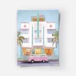affiche ambiance ocean van rose vintage devant un batiment blanc style aquarelle.webp