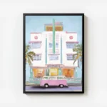 affiche ambiance ocean van rose vintage devant un batiment blanc style aquarelle avec cadre.webp
