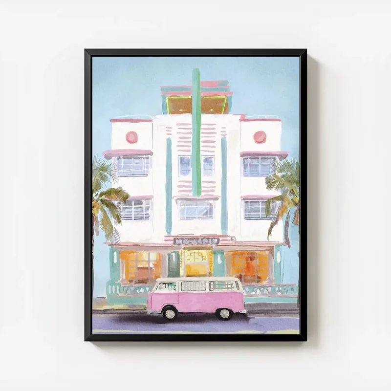 affiche ambiance ocean van rose vintage devant un batiment blanc style aquarelle avec cadre.webp