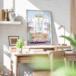 affiche ambiance ocean van rose vintage devant un batiment blanc style aquarelle bureau.webp