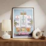 affiche ambiance ocean van rose vintage devant un batiment blanc style aquarelle meuble.webp