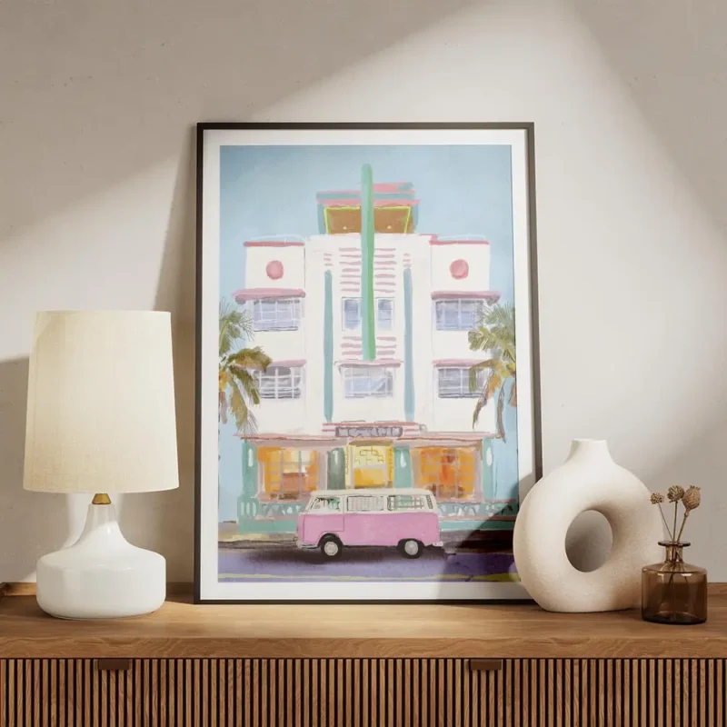 affiche ambiance ocean van rose vintage devant un batiment blanc style aquarelle meuble.webp