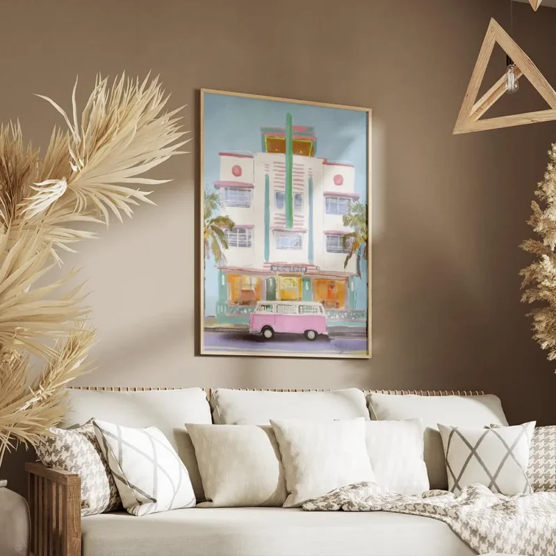 affiche ambiance ocean van rose vintage devant un batiment blanc style aquarelle salon.webp