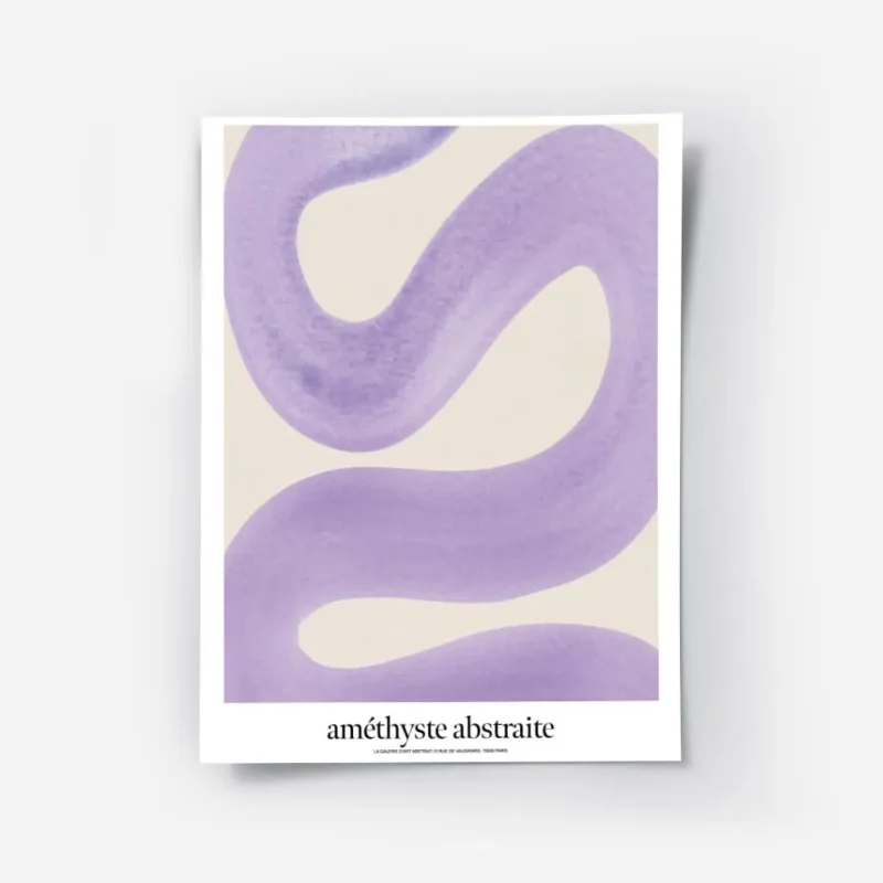 affiche amethyste abstraite avec un trait violet tourbillonnant sur fond beige t.webp