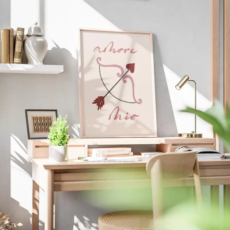 affiche amore mio avec typographie rose et arc de cupidon fleche avec c ur roman bureau.webp