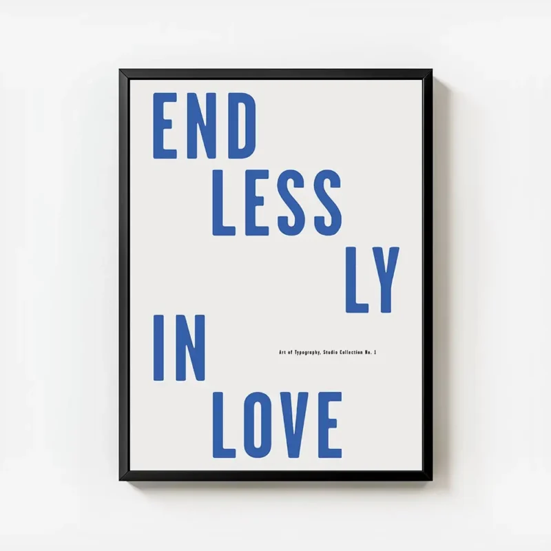 affiche amour avec texte bleu endlessly in love sur fond blanc typographie moder avec cadre.webp