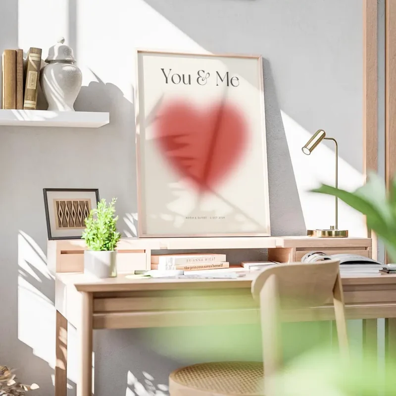 affiche amour avec un grand c ur rouge flou et le texte you me en typographie no bureau.webp