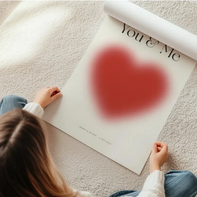 affiche amour avec un grand c ur rouge flou et le texte you me en typographie no en rouleau.webp