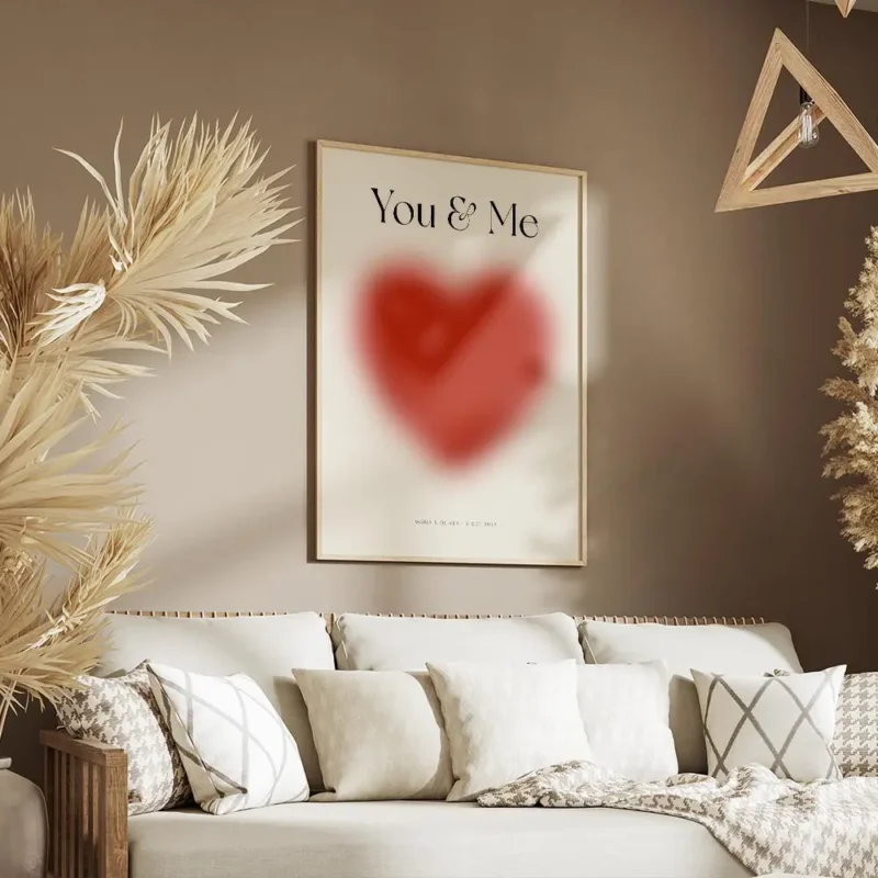 affiche amour avec un grand c ur rouge flou et le texte you me en typographie no salon.webp